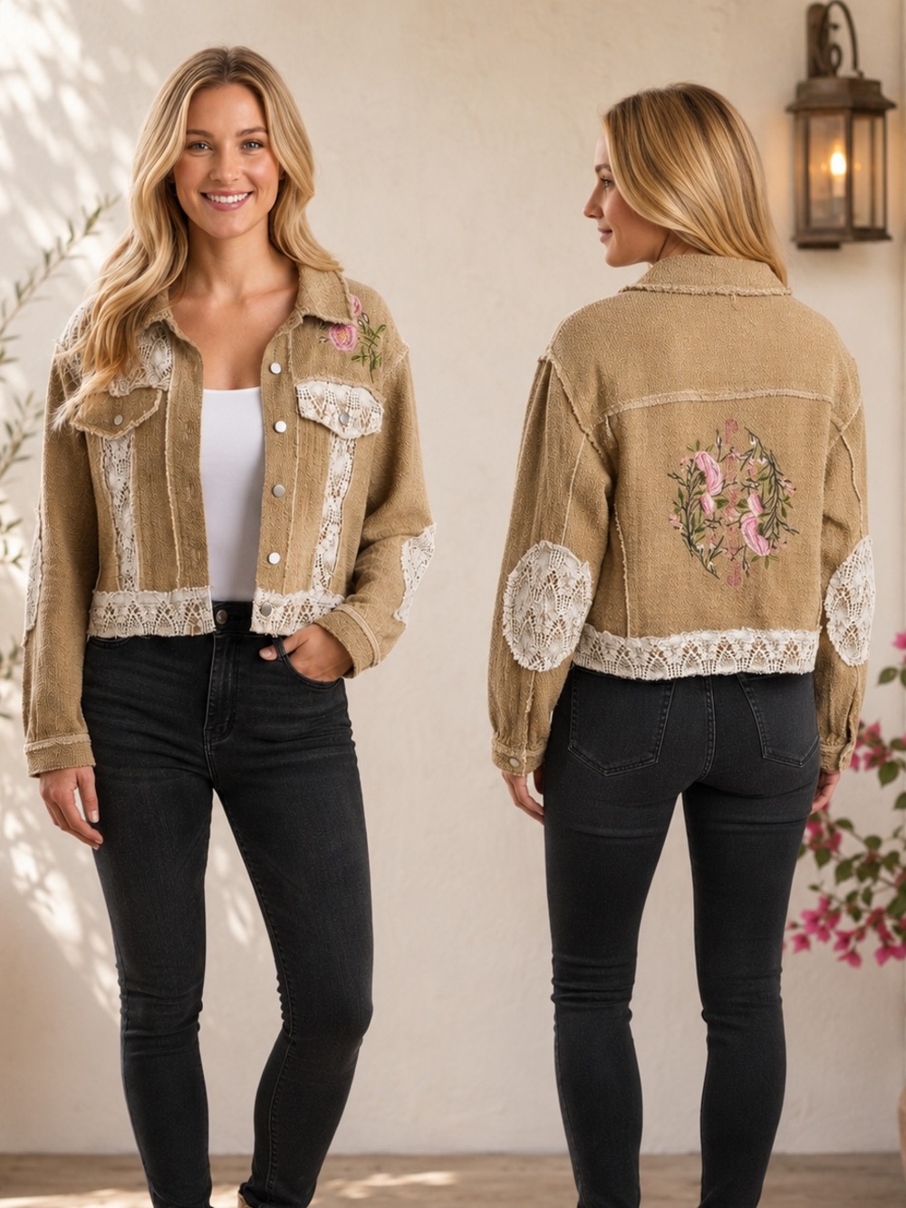 104 NWOT POL Embroidered Tan Lace-Trim Jacket 100% Cotton Size Large